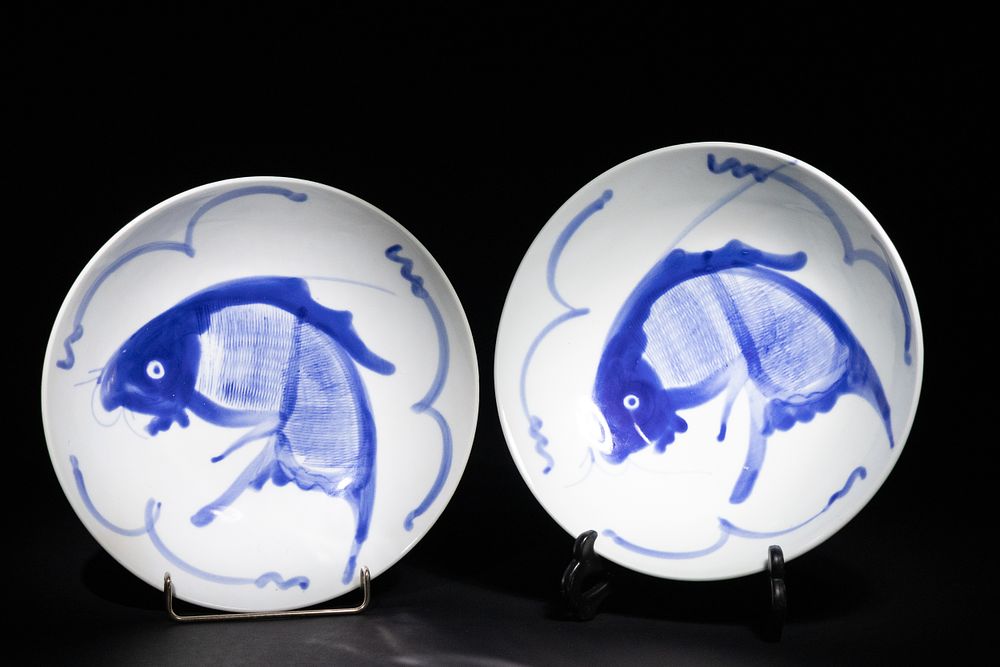 Lot 212: A PAIR OF CHINESE BLUE AND WHITE PORCELAIN DISHES WITH FISH MOTIF.