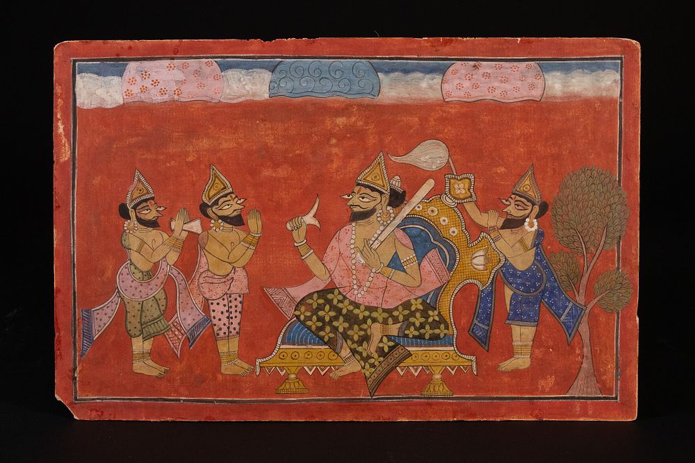 Lot 227: A NORTH INDIAN PUNJAB REGIONAL SCHOOL MINIATURE PAINTING DEPICTING A SEATED FIGURE WITH ATTENDANTS, 18TH/19TH CENTURY.