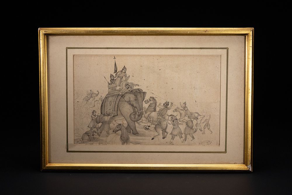 Lot 241: AN INDIAN PEN AND INK DRAWING, SKIRMISH WITH AN ELEPHANT, NORTH INDIA, 18TH OR 19TH CENTURY.