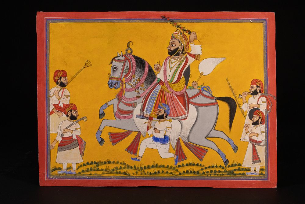 Lot 250: A RAJASTHANI SCHOOL EQUESTRIAN PORTRAIT OF A NOBLEMAN, 19TH CENTURY.