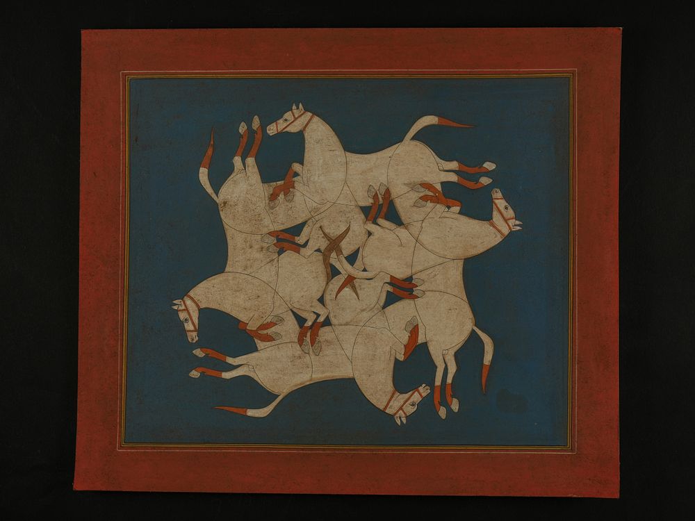 Lot 269: AN INDIAN MINIATURE PAINTING OF INTERLOCKING WHITE HORSES, 19TH CENTURY.