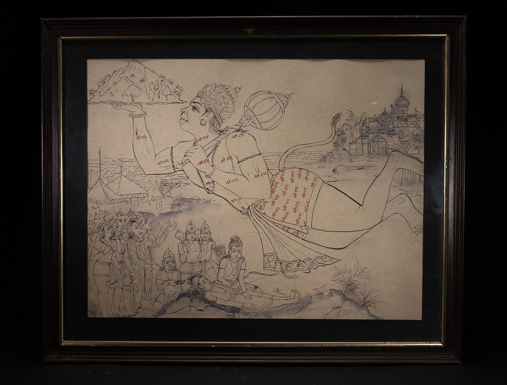 Lot 273: A NORTH INDIAN SCHOOL MINIATURE SKETCH OF HANUMAN FETCHING THE DRONAGIRI MOUNTAIN, PEN AND INK WITH WASH, LATE 19TH OR EARLY 20TH CENTURY.