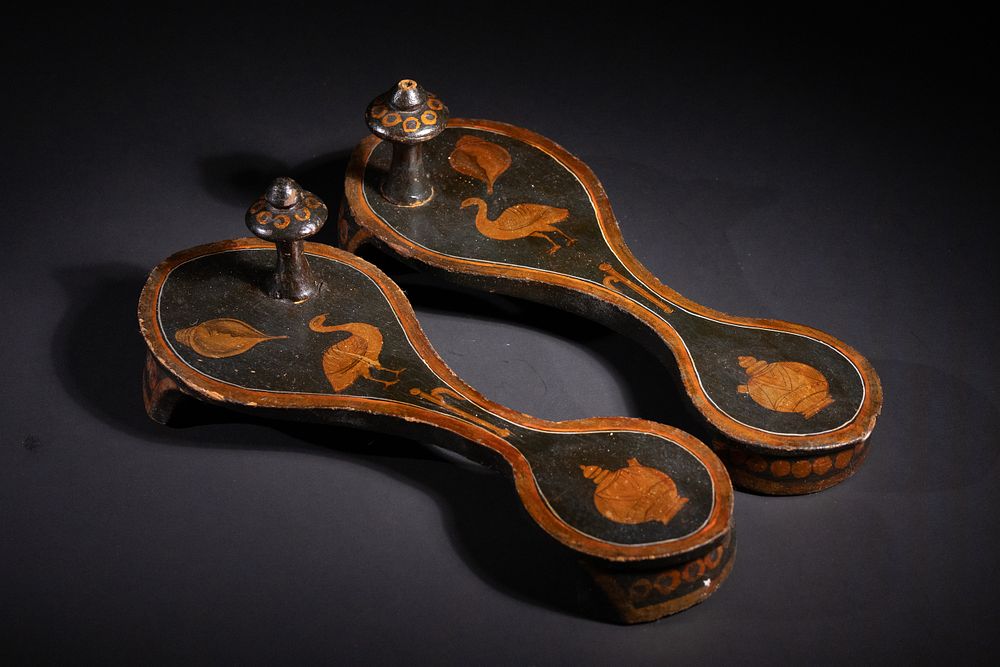 Lot 274: A PAIR OF INDIAN PAINTED WOODEN PADUKA SANDALS, 19TH CENTURY.
