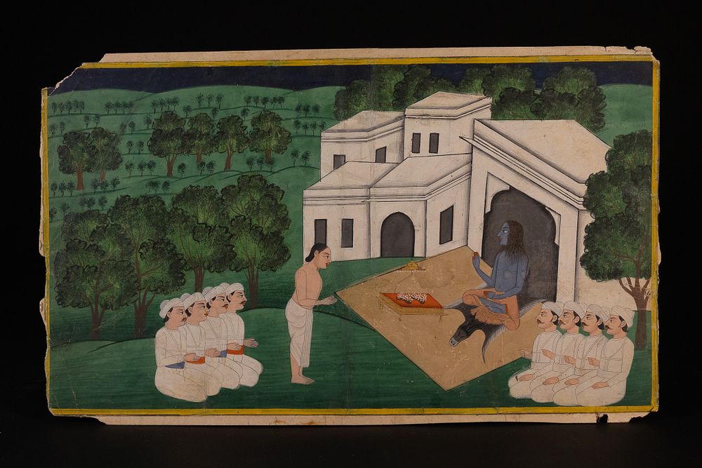 Lot 291: PAHARI SCHOOL, LATE 18TH OR 19TH CENTURY, 'A BLUE-SKINNED ASCETIC RECEIVING DEVOTEES'.