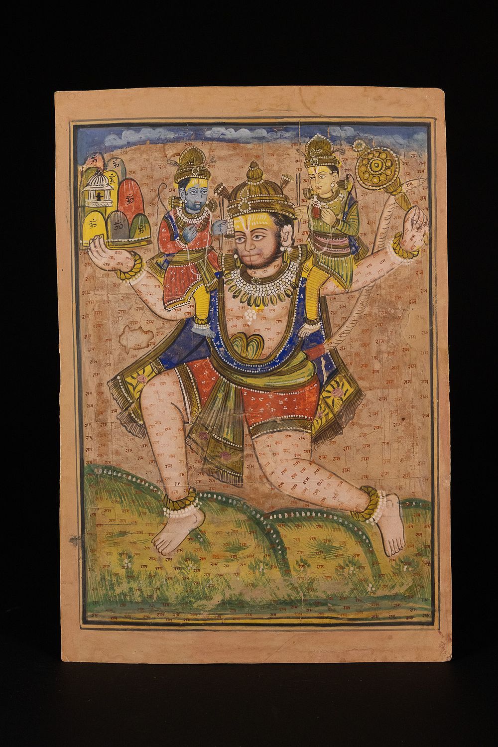 Lot 293: INDIAN SCHOOL, 19TH/20TH CENTURY, 'HANUMAN CARRYING RAMA AND LAKSHMANA'.