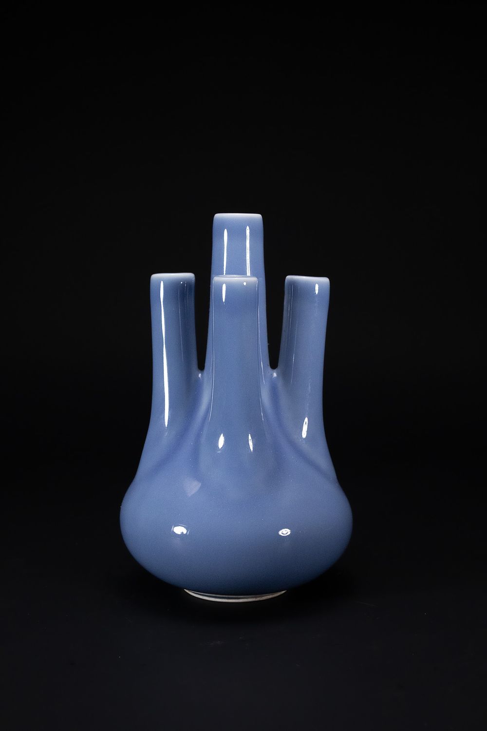 Lot 351: A CHINESE LAVENDER-BLUE GLAZED QUINTUPLE-SPOUTED VASE, QIANLONG MARK.