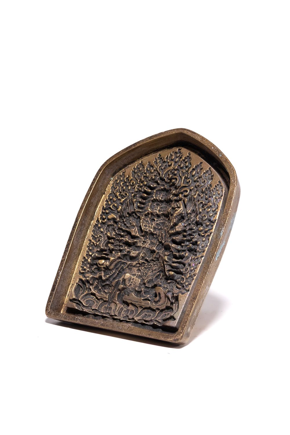 Lot 361: A TIBETAN CAST COPPER ALLOY VOTIVE PLAQUE OF SAHASRABHUJA AVALOKITESHVARA.