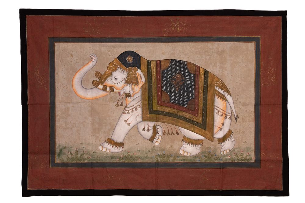 Lot 367: A LARGE PICHWAI TEXTILE PAINTING DEPICTING A CEREMONIAL ELEPHANT.