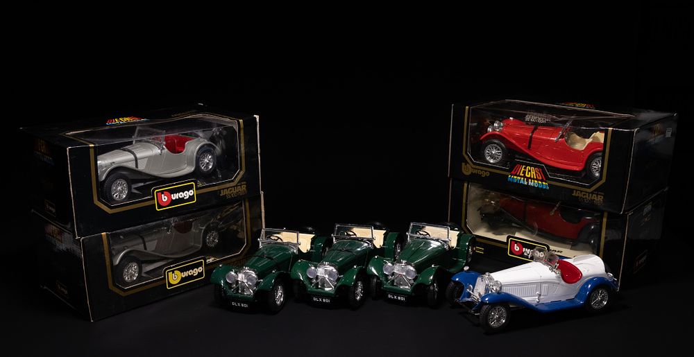 Lot 386: A COLLECTION OF EIGHT BBURAGO 1:18 SCALE DIE-CAST MODEL 1937 JAGUAR SS100 CARS.