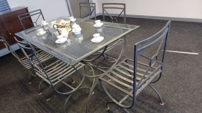 6-Seater Wrought Iron Glass Topped Dining Table and Chairs. . Designed for indoor or outdoor 