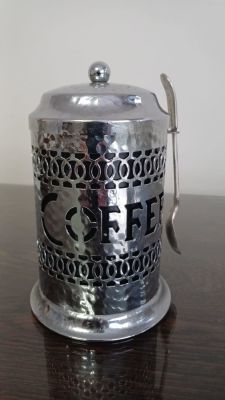 Coffee Pot with Silver Spoon. The spoon weighs 15.9g (this is worth more than the opening bid)