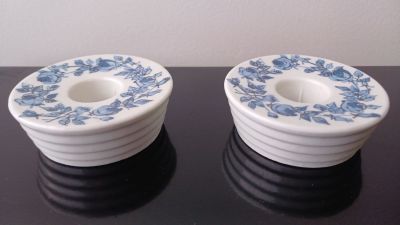 Circular Pottery Candle Stick Holders Finished with Blue Flowers & Leaves. Made in Denmark. . Fit 