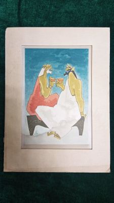 Two Greek Men Sharing a Drink on a Bench By Ernest Ullmann on Silk. Card size Length 29cm by 