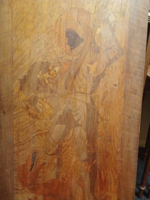Old Marquetry Panel Depicting St George, Made in Germany. 87cm x 43cm. This marquetry panel 