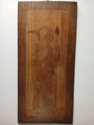 Old Marquetry Panel Depicting St Florian, Made in Germany. 88cm x 41cm. This marquetry panel 