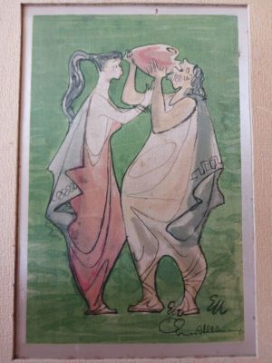 Two Greek Figures Sharing a Drink By Ernest Ullmann on Silk. Card size Length 29cm by Width 