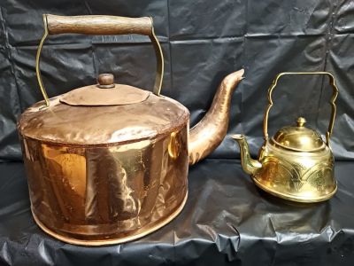 Copper Kettle and Brass Teapot STC. Both the copper kettle and brass teapot serve as functional 