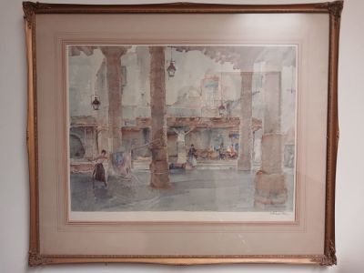 REDUCED: W Russell Flint Signed in Pencil Blind Stamped Print of a Woman Beating a Carpet 