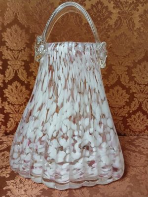 Vintage Handblown Art Glass Handbag Shaped Vase with Pink and White Confetti-Like Speckles Made 