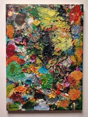 REDUCED: Abstract Art on Canvas . This unattributed abstract painting is a burst of vibrant 