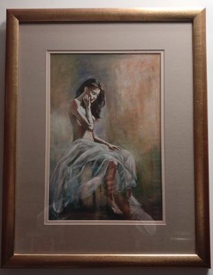 REDUCED: Mixed Media on Board of a Semi-Nude Lady Draped with Chiffon Sitting on a Stool . 