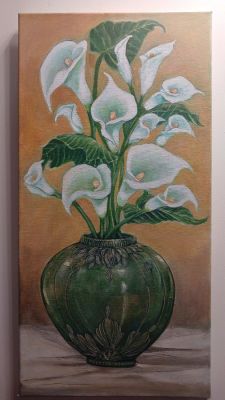 REDUCED: Oil Painting on Canvas of Arum Lilies in a Vase: A Timeless Elegance Signed By Sandy 