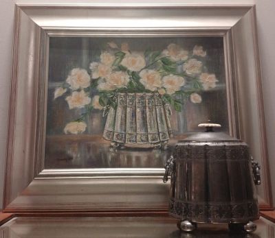 REDUCED: Tea Caddy & Original Still Life Oil Painting on Canvas Covered Board of Roses in the 