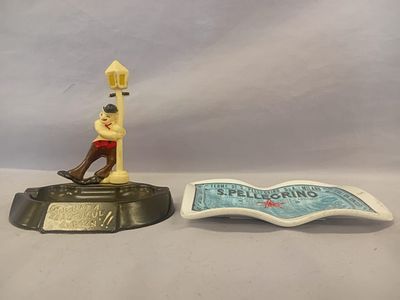 Two Vintage Retro Ashtrays. Drunken Man Ashtray: This ashtray features a humorous design with a 