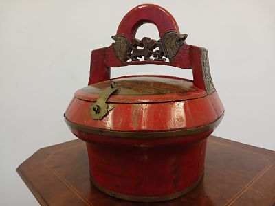 Antique Chinese Carved Bamboo Wedding/Food Basket. This antique Chinese red food box is