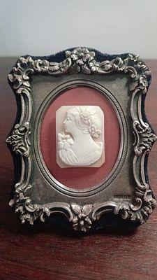 Vintage Rectangular Genuine Shell Cameo, Loosely Mounted in a Britannia Silver Frame . Shell