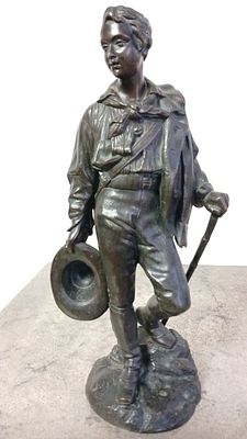 Patinated Bronze Sculpture of a Young Man Holding a Hat and Walking Stick by Celestin Anatole