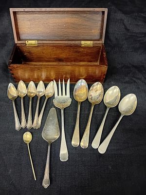 Nickel and Silver-Plated Utensils in a Stinkwood Box. This collection of nickel and 