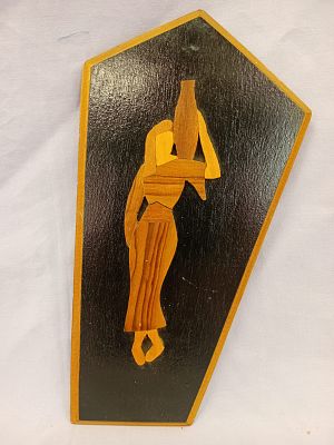Handmade Israel Olive Wood Folk Art Plaque. This piece stands 23 cm tall and features a striking 