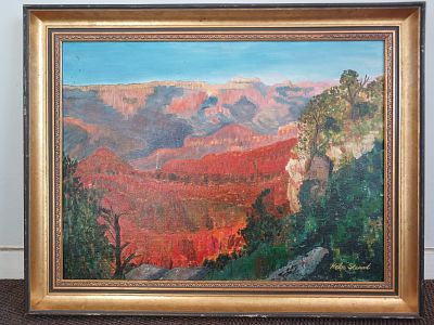 Helen Stewart Untitled Landscape Scene in Oil on Fabric Covered Board. Hand-signed "Helen 