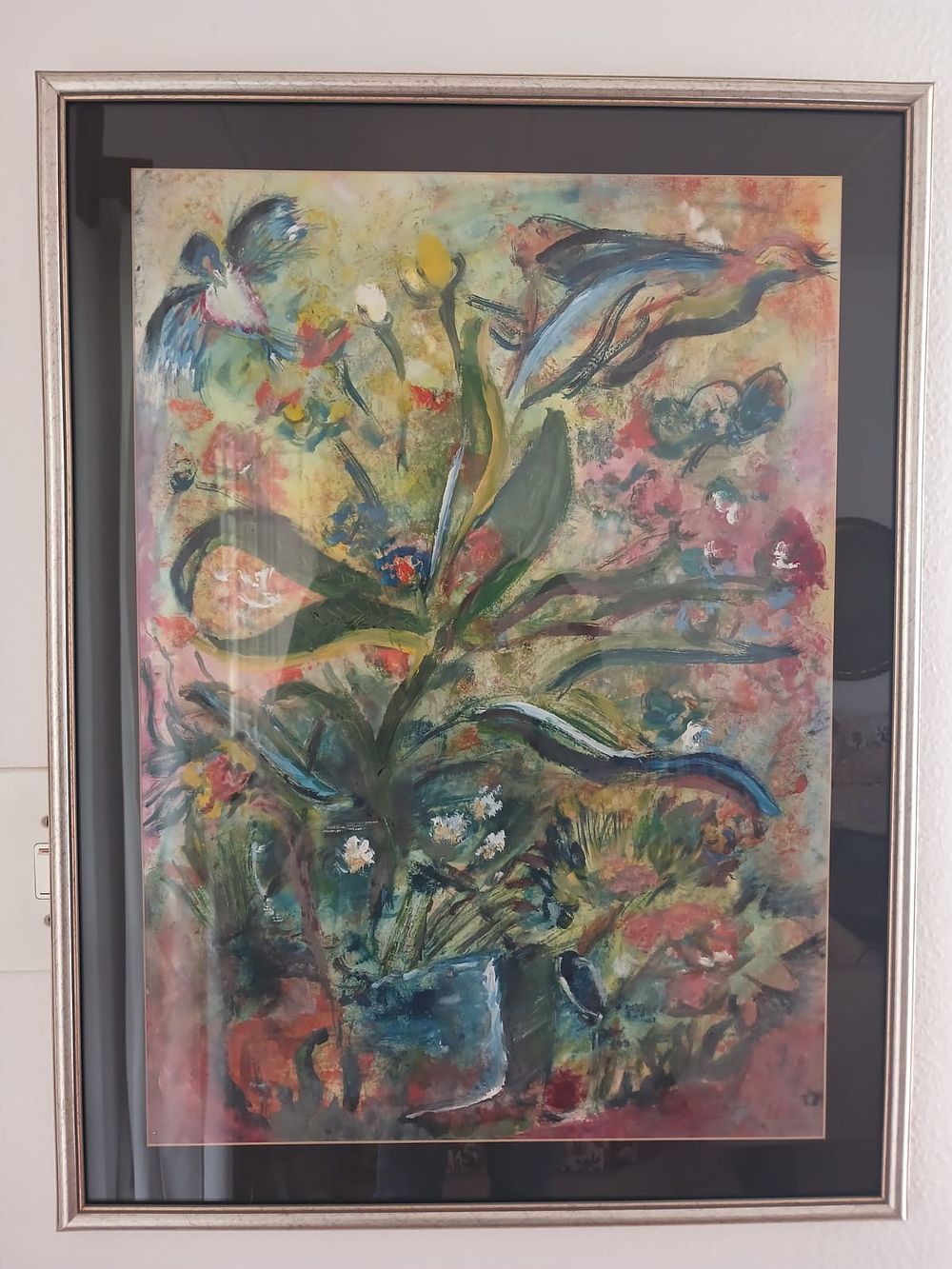 Framed Chagall Inspired Still Life Floral Painting. This vibrant Chagall-inspired still life 
