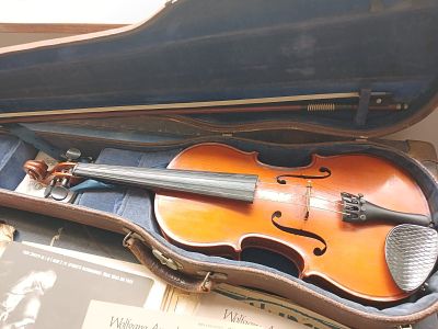 Antique Violin in Crocodile Skin Case with Bow, Music Stand, Music & Other Accessories. Antique 