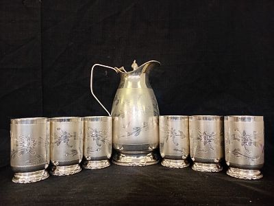 Water Pitcher & 6 Matching Cups Stamped Silver - Total Weight 1.169kg. An elegant vintage set 