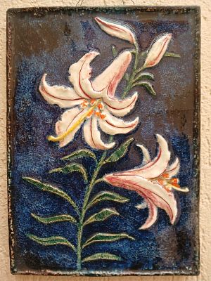 Mid-Century Ceramic Majolica Tile Depicting Lillies by Werner Meschede for Karlsruhe Majolica 