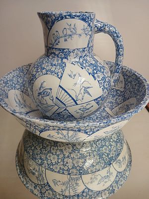 Belgian Antique Blue & White Japonism Water Pitcher and Basin - STC. This exquisite set 