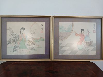 Vintage Japanese Paintings on Paper - Set of 2 - Signed . These 2 signed paintings framed. The 