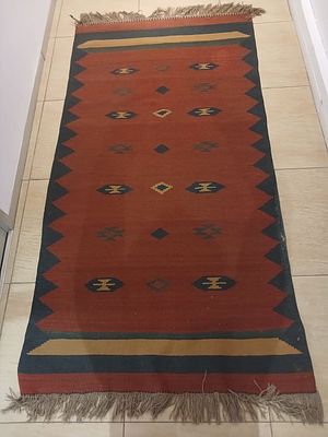 Vintage Hand Knotted Kilim with Geometric Diamond Designs (132cm x 250cm) - STC. A beautiful 