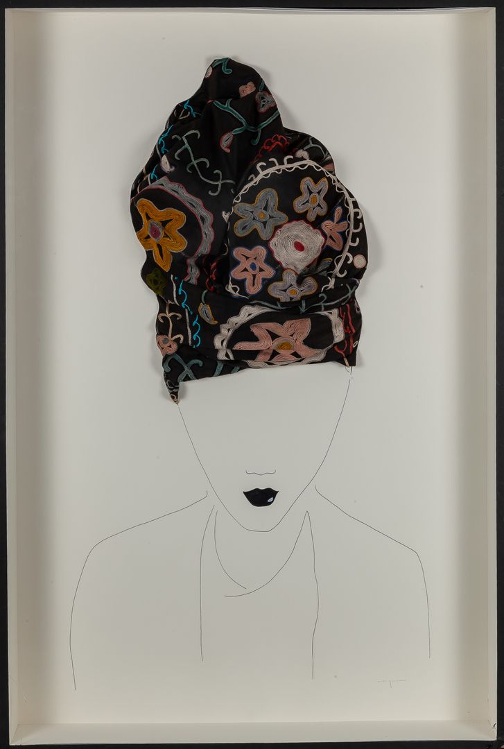 Mujer con turbante. Mari Qui&ntilde;onero, 21st Century "Woman with Turban" Ink and textile 