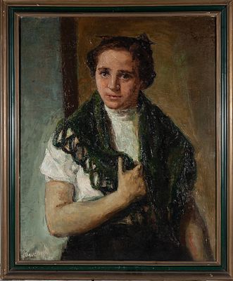 Mujer con chal. Carlos G&oacute;mez Cano (b.1918 - d.?) "Woman with shawl" Oil on canvas Signed 