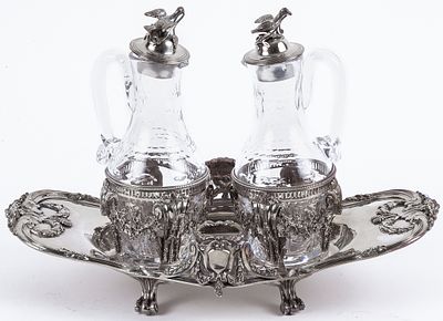 A French silver vinegar cruet set with glass bottles, 18th Century. Hallmarks 23 cm 254.6 gr. 