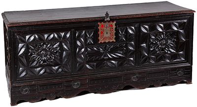 A Basque carved chestnut chest with geometric and floral decoration, 19th century 69 x 52 x 65 