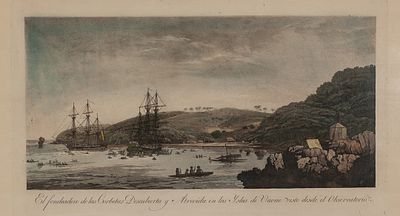 El fondeadero de las Corbetas Descubierta y Atrevida en las Islas de Vavao visto desde el 