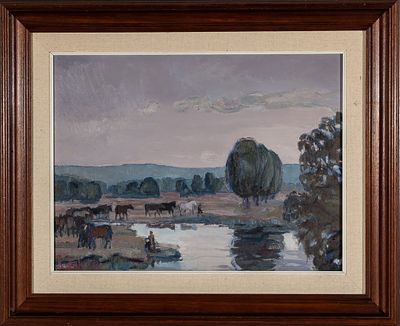 Caballos abrevando. R. Basterrechea, 20th Century "Horses" Oil on canvas Signed 46 x 60 cm 150 - 