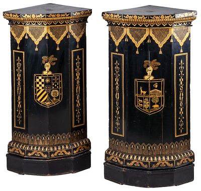 A pair of Chinese black-lacquered parcel-gilt corner side tables with heraldic decoration for 