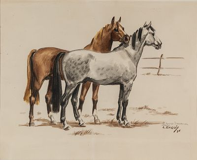 Caballos. Alfredo Enguix (Asturias, 1930 - 2018) "Horses" Watercolor Signed, dedicated and dated 