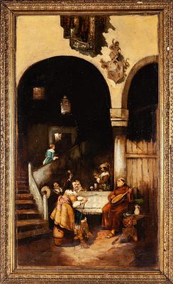 Bebedores. Spanish School, 19th Century “Drinkers at the inn” Oil on canvas 105 x 38 cm 200 - 400 €